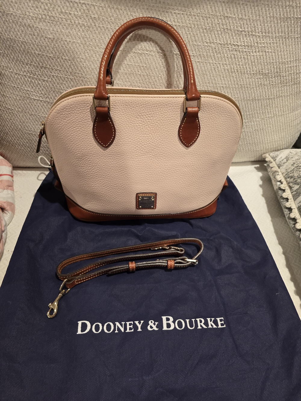 Dooney & Bourke Pebbled Leather Satchel in Blush with Tan Trim